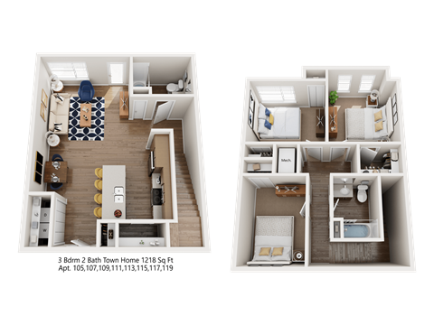 Floor plan for 3 beds, 2 baths, 1218 sqft
